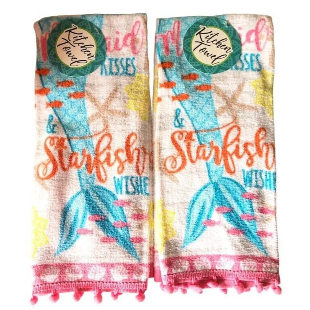 Mermaid Kisses Dish Towels Set of 2 Beach Coastal Summer Kitchen Pom Pom Trim